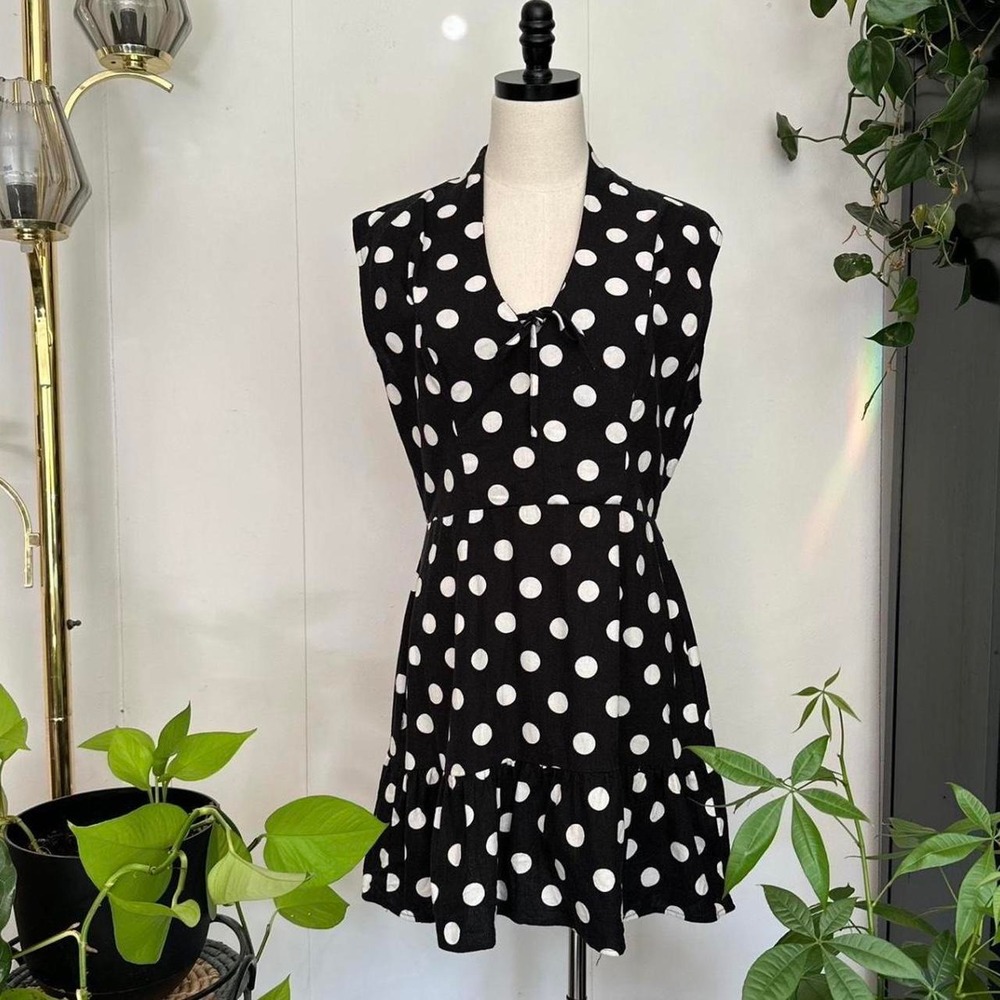 City Studio Black White Polka Dot Babydoll Mini Dress Ruffle V-Neck Small